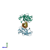 PDB entry 2zvo coloured by chain, side view.