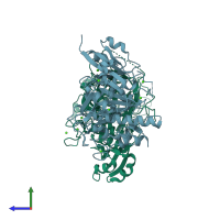 PDB entry 2zwp coloured by chain, side view.