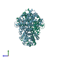 PDB entry 2zyd coloured by chain, side view.