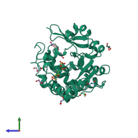 PDB entry 2zyv coloured by chain, side view.