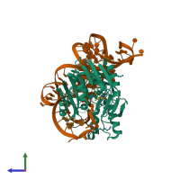PDB entry 2zzm coloured by chain, side view.