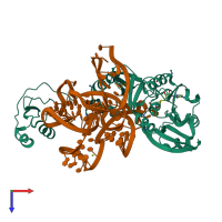 PDB entry 2zzm coloured by chain, top view.