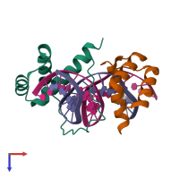 Hetero tetrameric assembly 1 of PDB entry 3a01 coloured by chemically distinct molecules, top view.