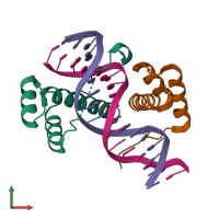 Hetero tetrameric assembly 2 of PDB entry 3a01 coloured by chemically distinct molecules, front view.