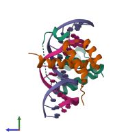 Hetero tetrameric assembly 2 of PDB entry 3a01 coloured by chemically distinct molecules, side view.