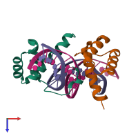 Hetero tetrameric assembly 2 of PDB entry 3a01 coloured by chemically distinct molecules, top view.