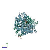 PDB entry 3a14 coloured by chain, side view.