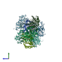 PDB entry 3a17 coloured by chain, side view.