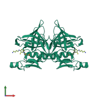 Homo dimeric assembly 2 of PDB entry 3a2y coloured by chemically distinct molecules, front view.