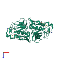 Homo dimeric assembly 2 of PDB entry 3a2y coloured by chemically distinct molecules, top view.