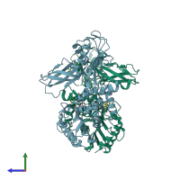 PDB entry 3a3e coloured by chain, side view.