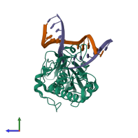 Hetero trimeric assembly 2 of PDB entry 3a46 coloured by chemically distinct molecules, side view.