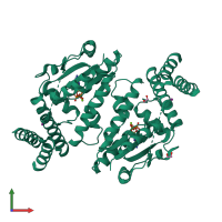 Homo dimeric assembly 1 of PDB entry 3a4m coloured by chemically distinct molecules, front view.