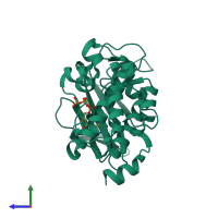 Monomeric assembly 1 of PDB entry 3a99 coloured by chemically distinct molecules, side view.