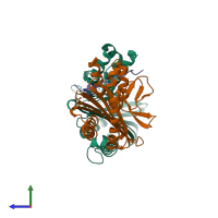 PDB entry 3aa0 coloured by chain, side view.