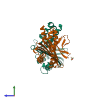 PDB entry 3aa7 coloured by chain, side view.