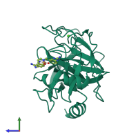 PDB entry 3aau coloured by chain, side view.
