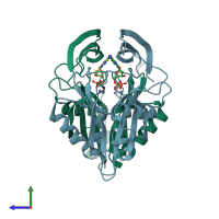 PDB entry 3aca coloured by chain, side view.