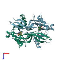 PDB entry 3aca coloured by chain, top view.