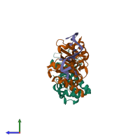 PDB entry 3aev coloured by chain, side view.