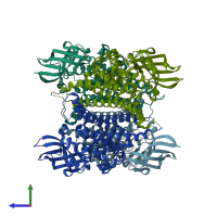 PDB entry 3afe coloured by chain, side view.