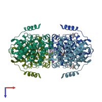 PDB entry 3aio coloured by chain, top view.