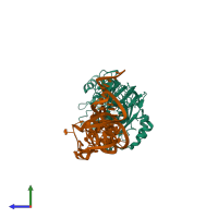 PDB entry 3amu coloured by chain, side view.