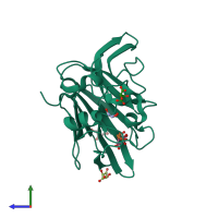 PDB entry 3aok coloured by chain, side view.