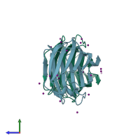 PDB entry 3apb coloured by chain, side view.