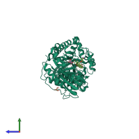 PDB entry 3arq coloured by chain, side view.