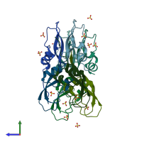 PDB entry 3aue coloured by chain, side view.