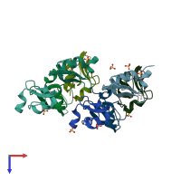 PDB entry 3aue coloured by chain, top view.