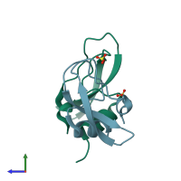 PDB entry 3aug coloured by chain, side view.