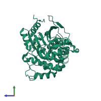 PDB entry 3auk coloured by chain, side view.
