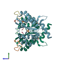 PDB entry 3av9 coloured by chain, side view.