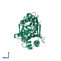 PDB entry 3awk coloured by chain, side view.