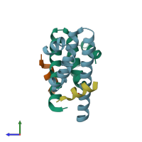 PDB entry 3ax5 coloured by chain, side view.