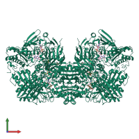 Homo dimeric assembly 1 of PDB entry 3ax7 coloured by chemically distinct molecules, front view.