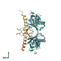 PDB entry 3b0a coloured by chain, side view.