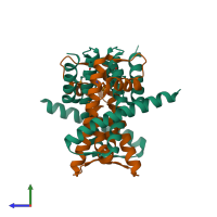 Hetero tetrameric assembly 1 of PDB entry 3b0b coloured by chemically distinct molecules, side view.