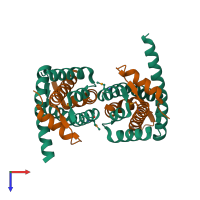 Hetero tetrameric assembly 1 of PDB entry 3b0b coloured by chemically distinct molecules, top view.