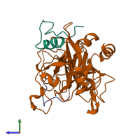 PDB entry 3b23 coloured by chain, side view.