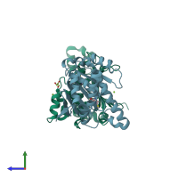 PDB entry 3b28 coloured by chain, side view.