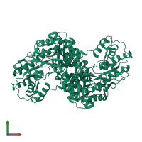 Homo dimeric assembly 1 of PDB entry 3b46 coloured by chemically distinct molecules, front view.