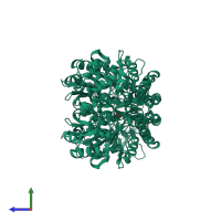 Homo dimeric assembly 1 of PDB entry 3b46 coloured by chemically distinct molecules, side view.