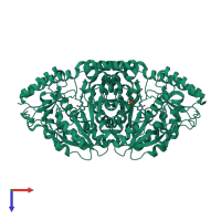Homo dimeric assembly 1 of PDB entry 3b46 coloured by chemically distinct molecules, top view.
