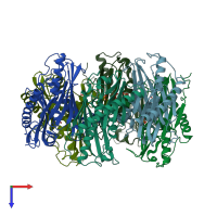 PDB entry 3b4t coloured by chain, top view.