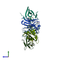 PDB entry 3b5t coloured by chain, side view.