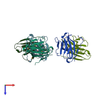 PDB entry 3b5t coloured by chain, top view.