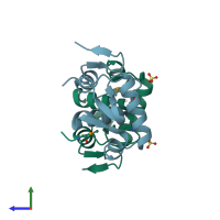 PDB entry 3b73 coloured by chain, side view.